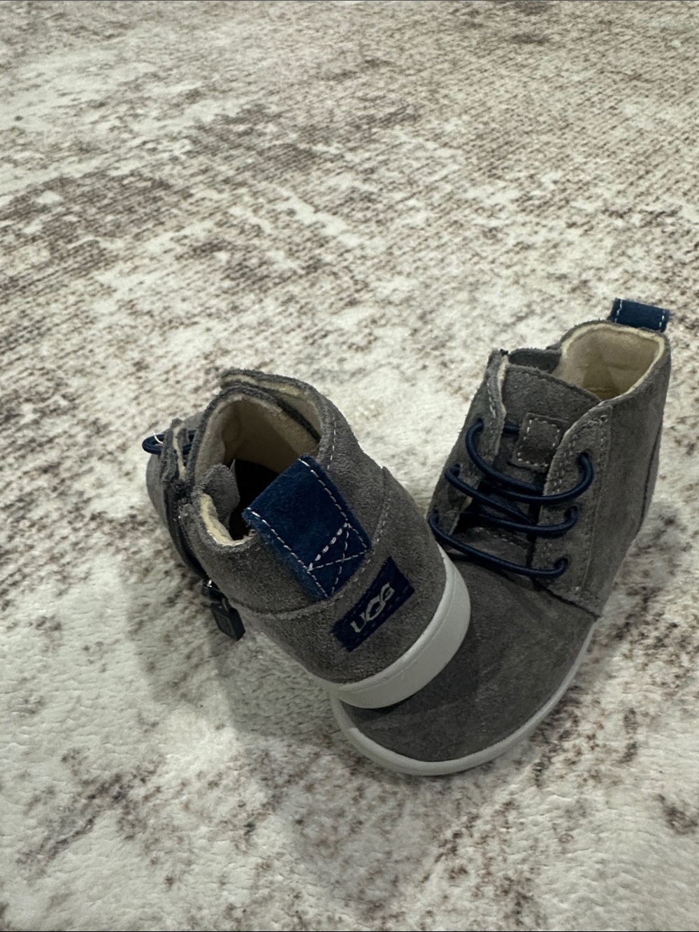 UGG Kids Gray Suede Lace-Up Boots with Navy Accents